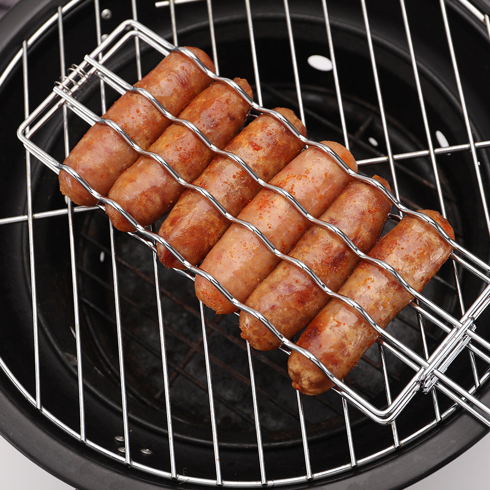 Premium Non-Stick Hot Dog Grilling Basket | Wooden Handle BBQ Sausage Rack for Campfire & Grill