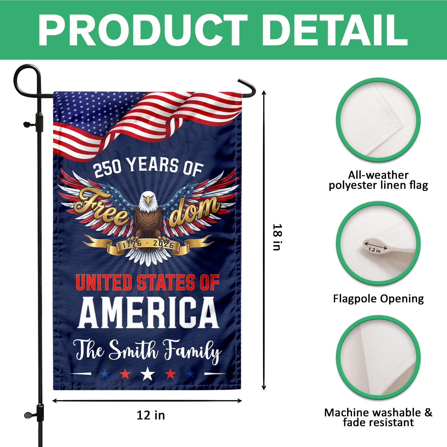 Custom Family Name 250 Years of Freedom Eagle USA 1776–2026 Garden Flag