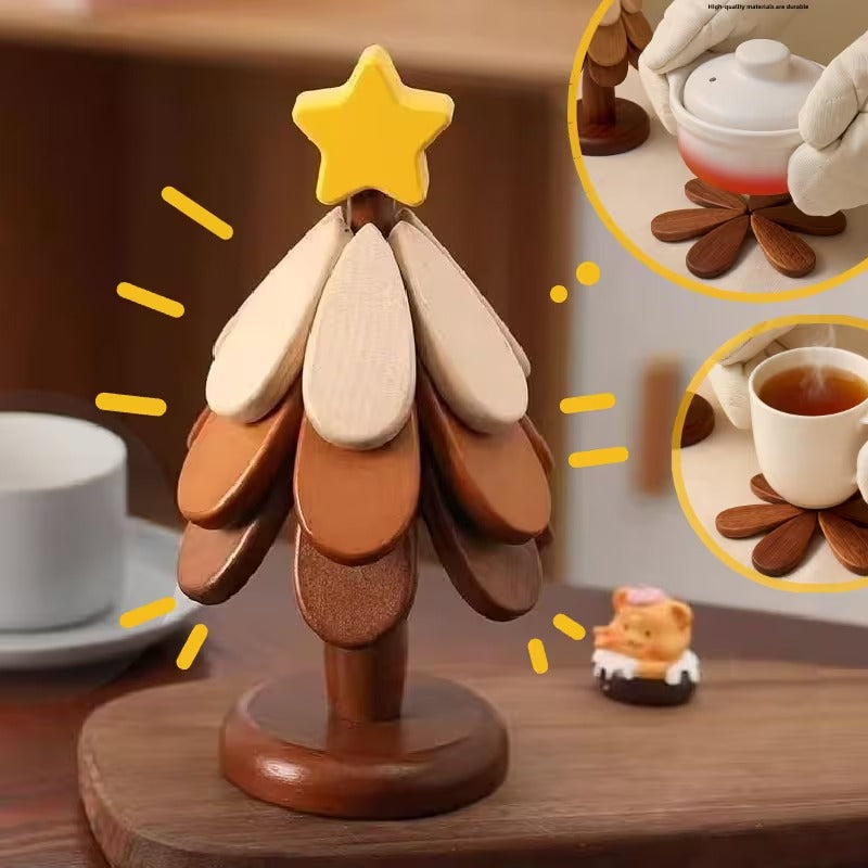 Premium Wooden Christmas Tree Trivet Set | Folding Heat-Resistant Coasters & Festive Table Decor