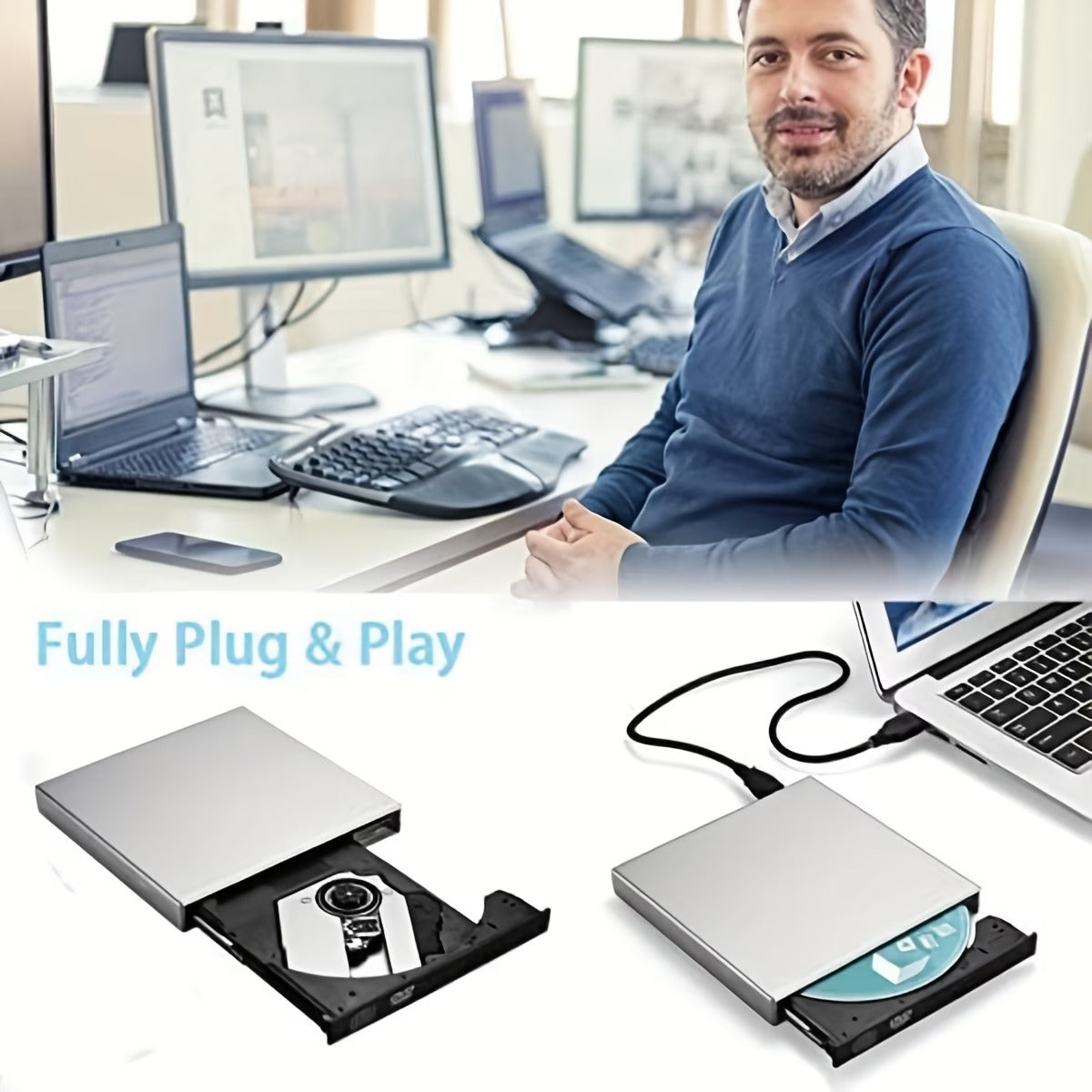 Portable External CD/DVD Drive | USB CD-RW Burner & DVD Reader for Laptop