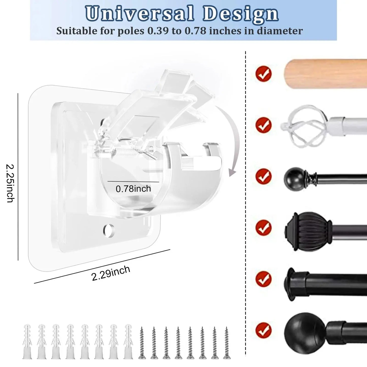 A set of 20PCS Curtain Rod Brackets with Clips,Transparent Drapery Hooks,Rod Hanging,Adjustable Rods Holder,Multipurposefor Curtain Rod Hooks for Livingroom Bathroom Kitchen Bedroom Toilet Apartment