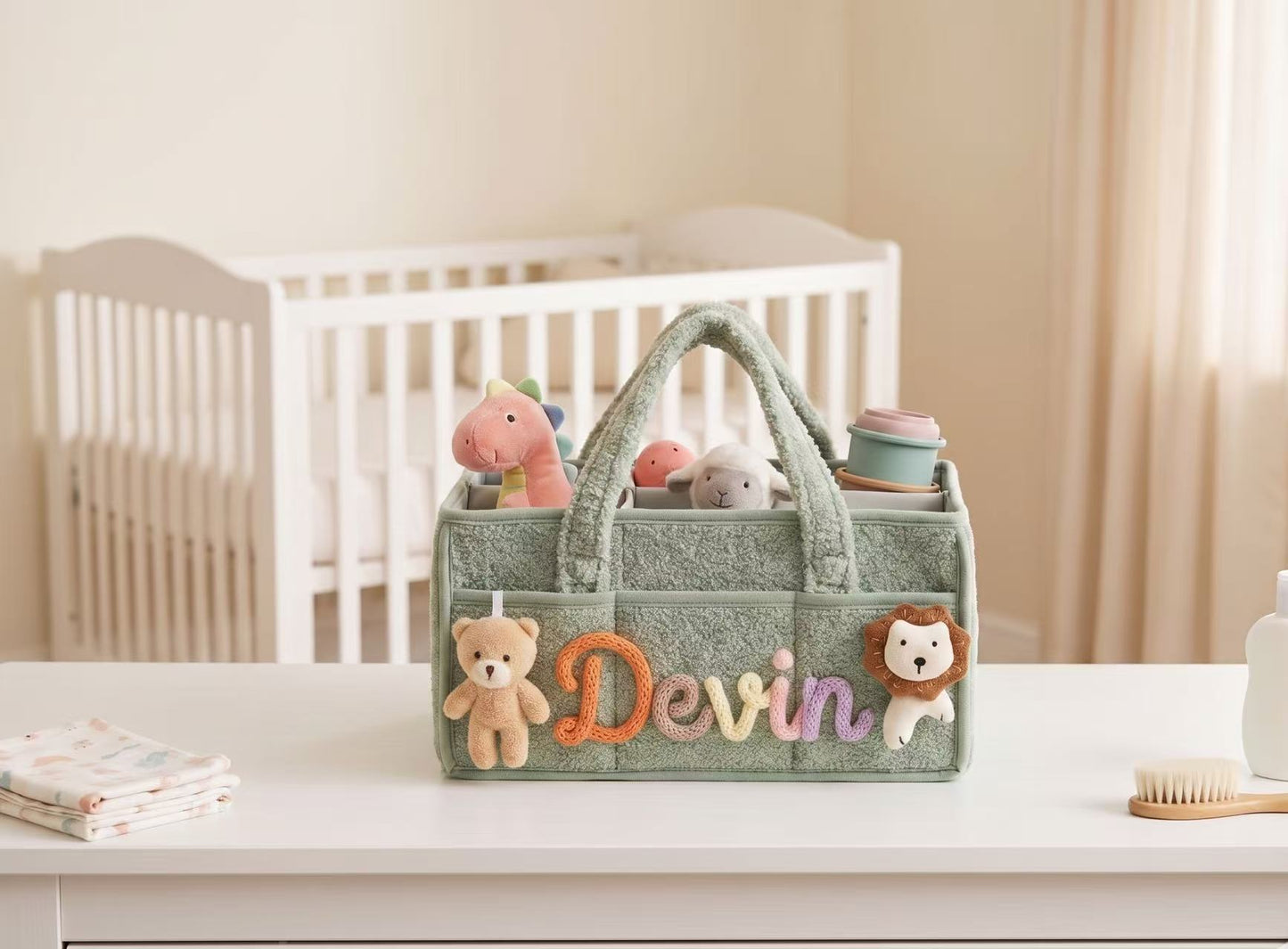 Personalized Plush Baby Storage Basket, Custom Yarn Name Diaper Caddy, Nursery Organizer Basket, Baby Shower Gift for New Mom