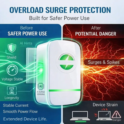 Smart plug, voltage optimization, surge protection, temperature-controlled socket, home/office, compact, plug and play.