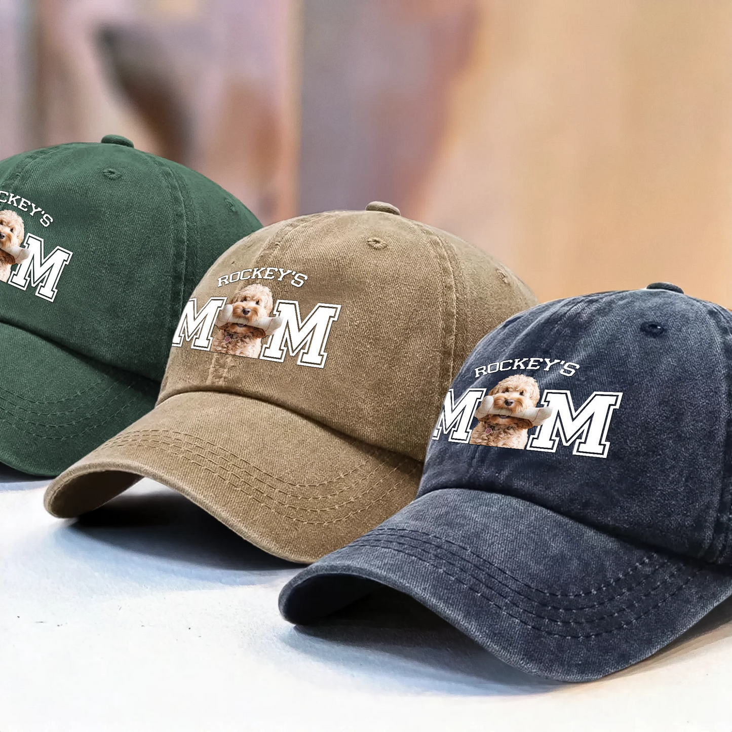Custom Photo Dog Cat Dad Washed Denim Baseball Cap