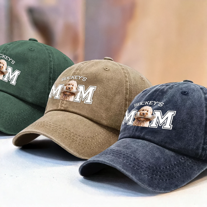 Custom Photo Dog Cat Dad Washed Denim Baseball Cap