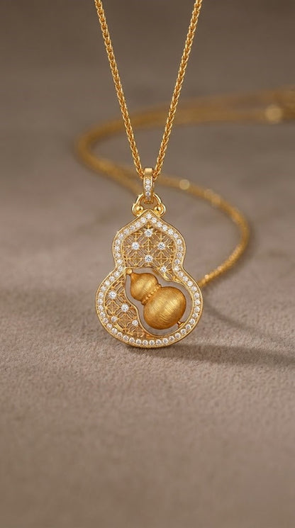 Lucky Wu Lou Gourd Necklace | Modern Chinoiserie Gold Tone Pendant for Everyday Fortune