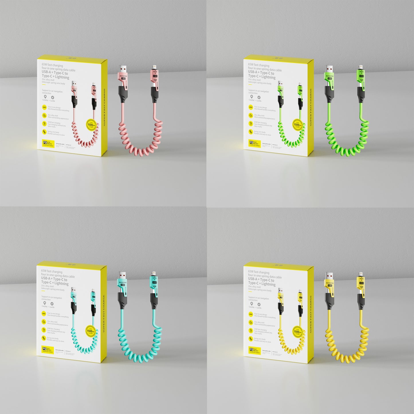 4-in-1 Coiled Fast Charging Cable | 65W Retractable Cord for Car & Desk