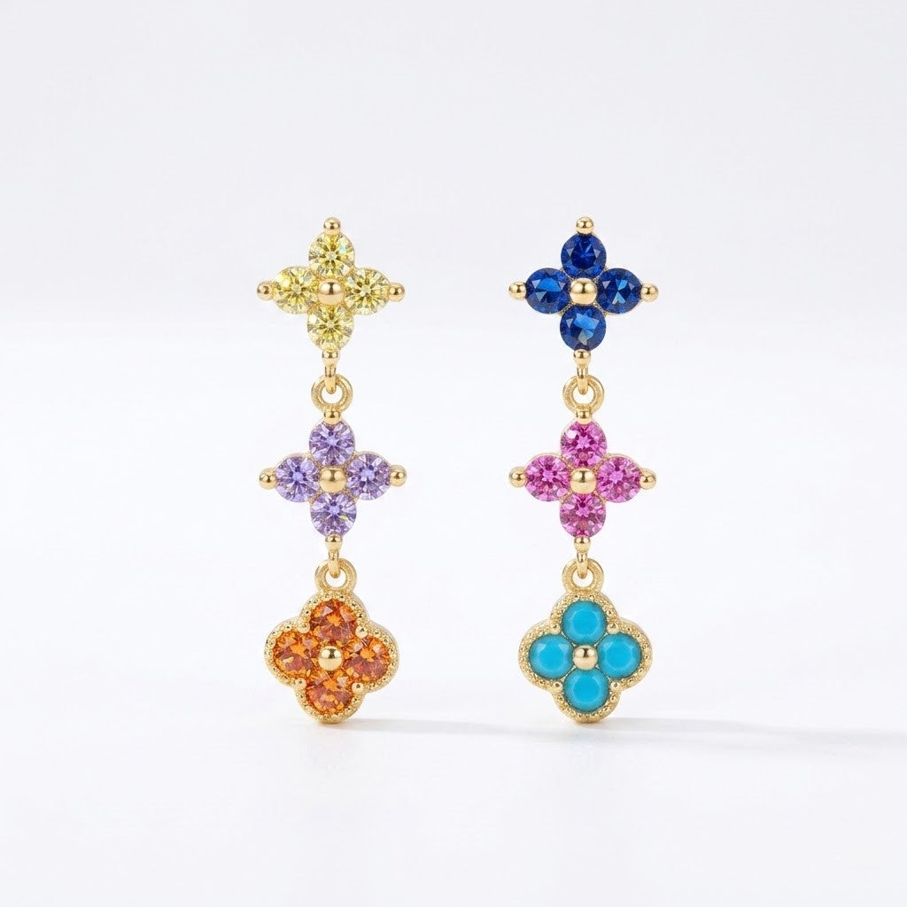Multicolor Boho Clover Studs | Dainty Gilded Earrings with 925 Silver Pins for Summer Luck