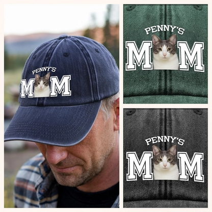 Custom Photo Dog Cat Dad Washed Denim Baseball Cap