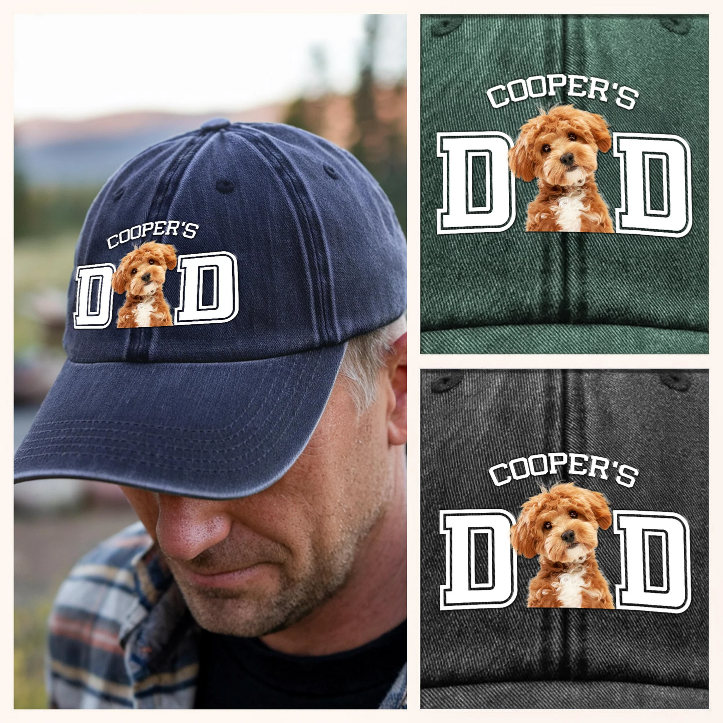 Custom Photo Dog Cat Dad Washed Denim Baseball Cap