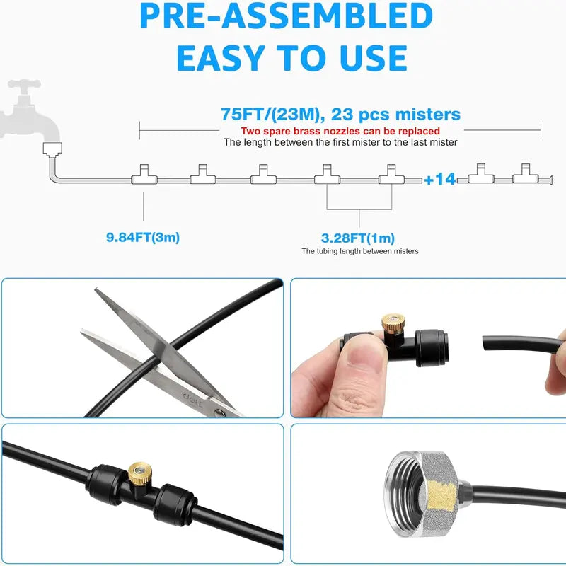 75FT (23M) Pre-Assembled Misting Cooling System - Professional Brass Nozzles for Patio, Trampoline, Garden & Greenhouse