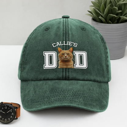 Custom Photo Dog Cat Dad Washed Denim Baseball Cap