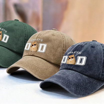 Custom Photo Dog Cat Dad Washed Denim Baseball Cap