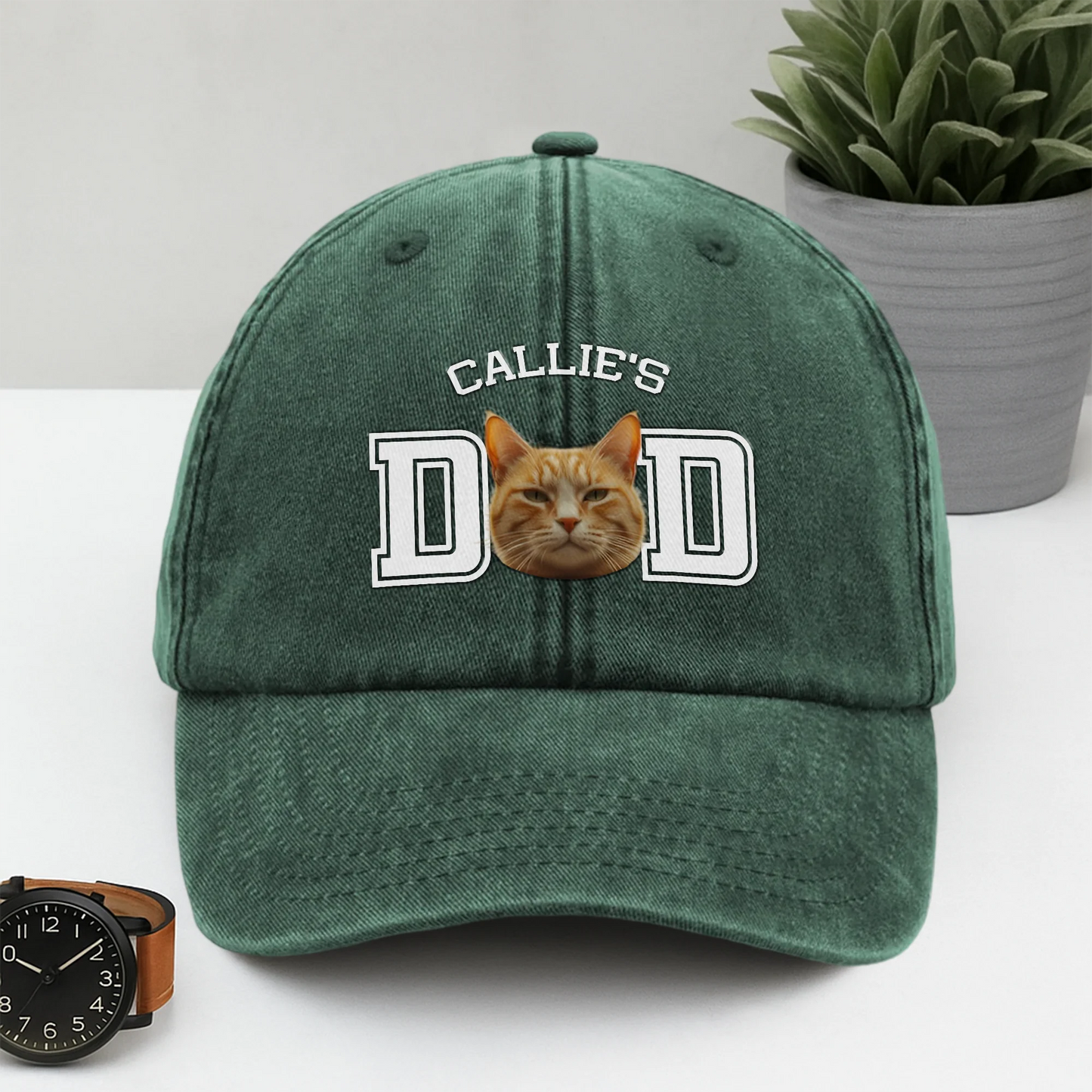 Custom Photo Dog Cat Dad Washed Denim Baseball Cap