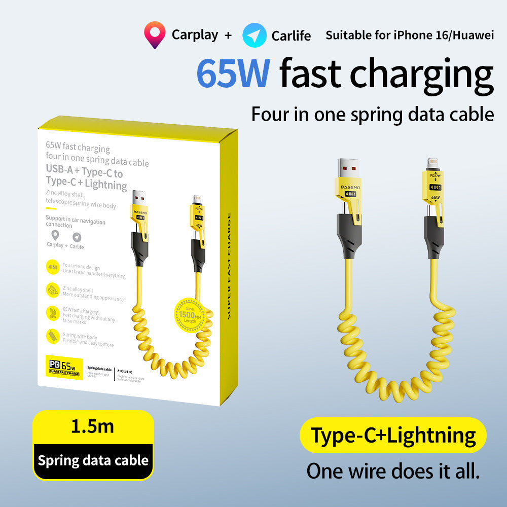 4-in-1 Coiled Fast Charging Cable | 65W Retractable Cord for Car & Desk