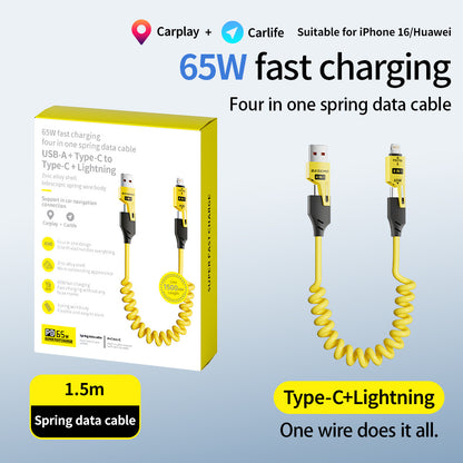 4-in-1 Coiled Fast Charging Cable | 65W Retractable Cord for Car & Desk