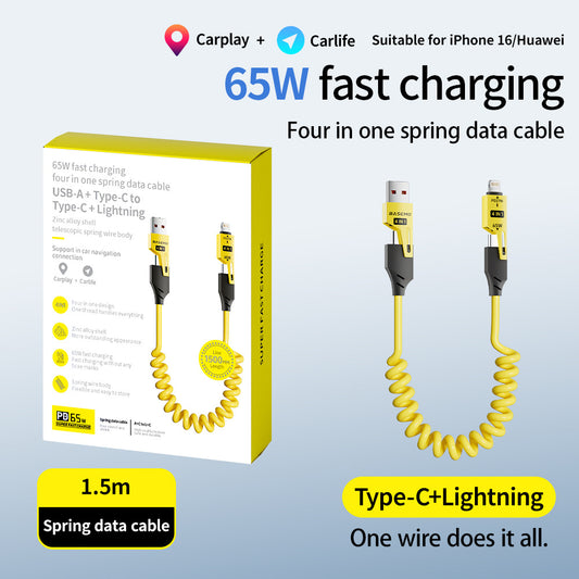 4-in-1 Coiled Fast Charging Cable | 65W Retractable Cord for Car & Desk