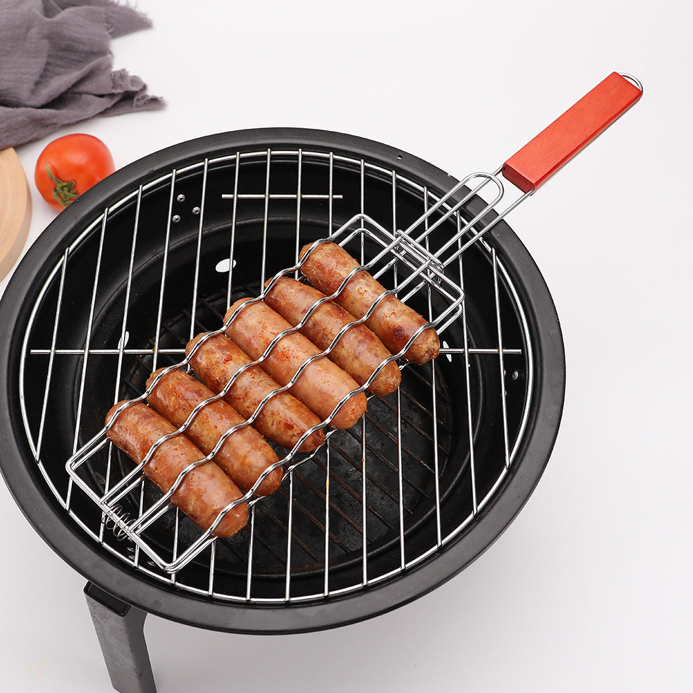 Premium Non-Stick Hot Dog Grilling Basket | Wooden Handle BBQ Sausage Rack for Campfire & Grill