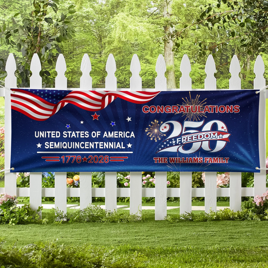 Custom Name USA 250 Freedom Banner – 1776–2026 Semiquincentennial Patriotic Party Decoration
