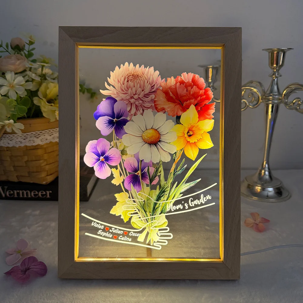 Custom Hug Birth Month Flower Bouquet with Names LED Night Light Frame – Personalized Mother’s Day Gift for Mom & Grandma