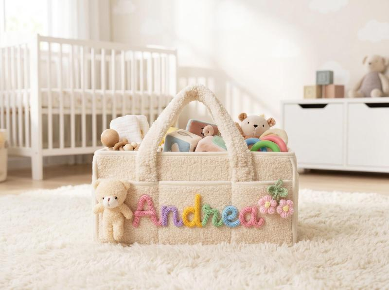 Personalized Plush Baby Storage Basket, Custom Yarn Name Diaper Caddy, Nursery Organizer Basket, Baby Shower Gift for New Mom