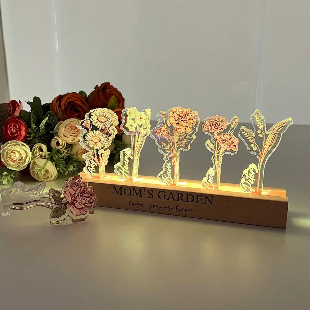Custom Birth Flower 3D Crystal LED Light with Kids Names – Mother’s Day Gift for Mom