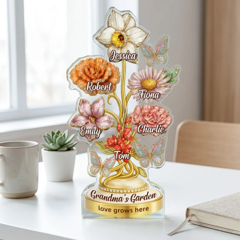 Personalized Mom’s Garden Birth Month Diamond Flower Acrylic Block – Custom Names Floral Plaque, Mother’s Day Gift for Mom Grandma