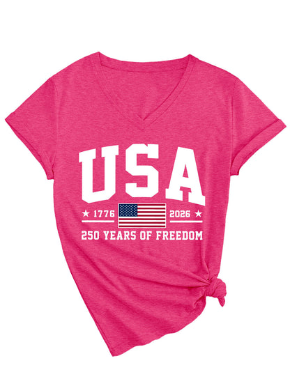 Women'S America Flag Floral Print Casual V-Neck T-Shirt