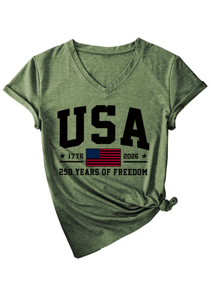 Women'S America Flag Floral Print Casual V-Neck T-Shirt