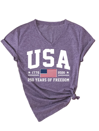 Women'S America Flag Floral Print Casual V-Neck T-Shirt