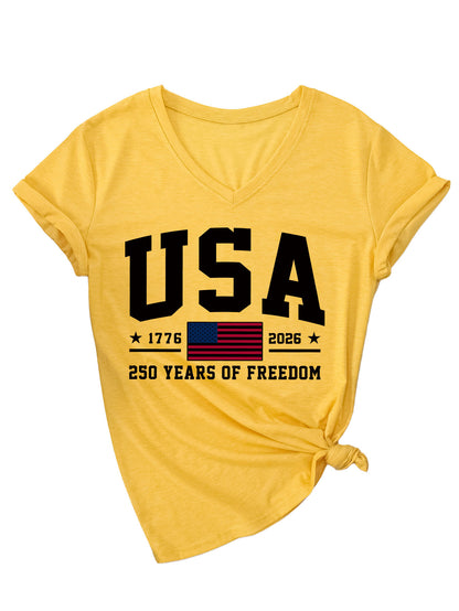 Women'S America Flag Floral Print Casual V-Neck T-Shirt
