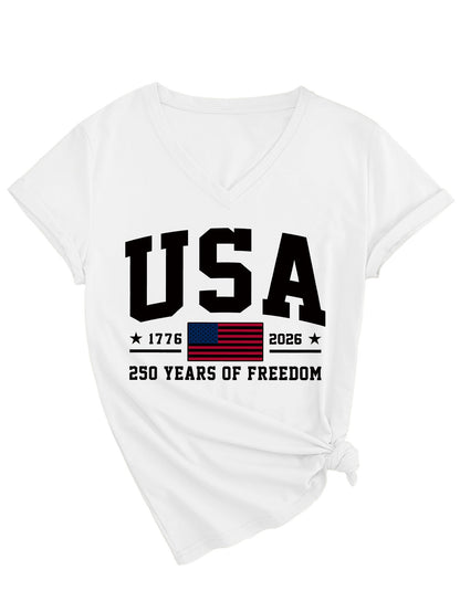 Women'S America Flag Floral Print Casual V-Neck T-Shirt