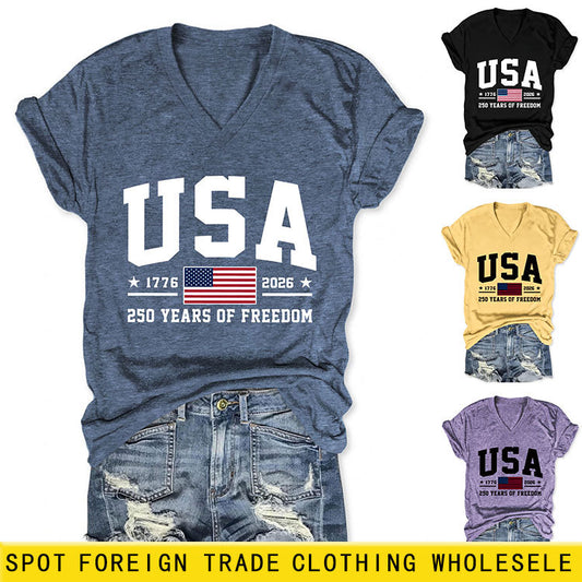 Women'S America Flag Floral Print Casual V-Neck T-Shirt