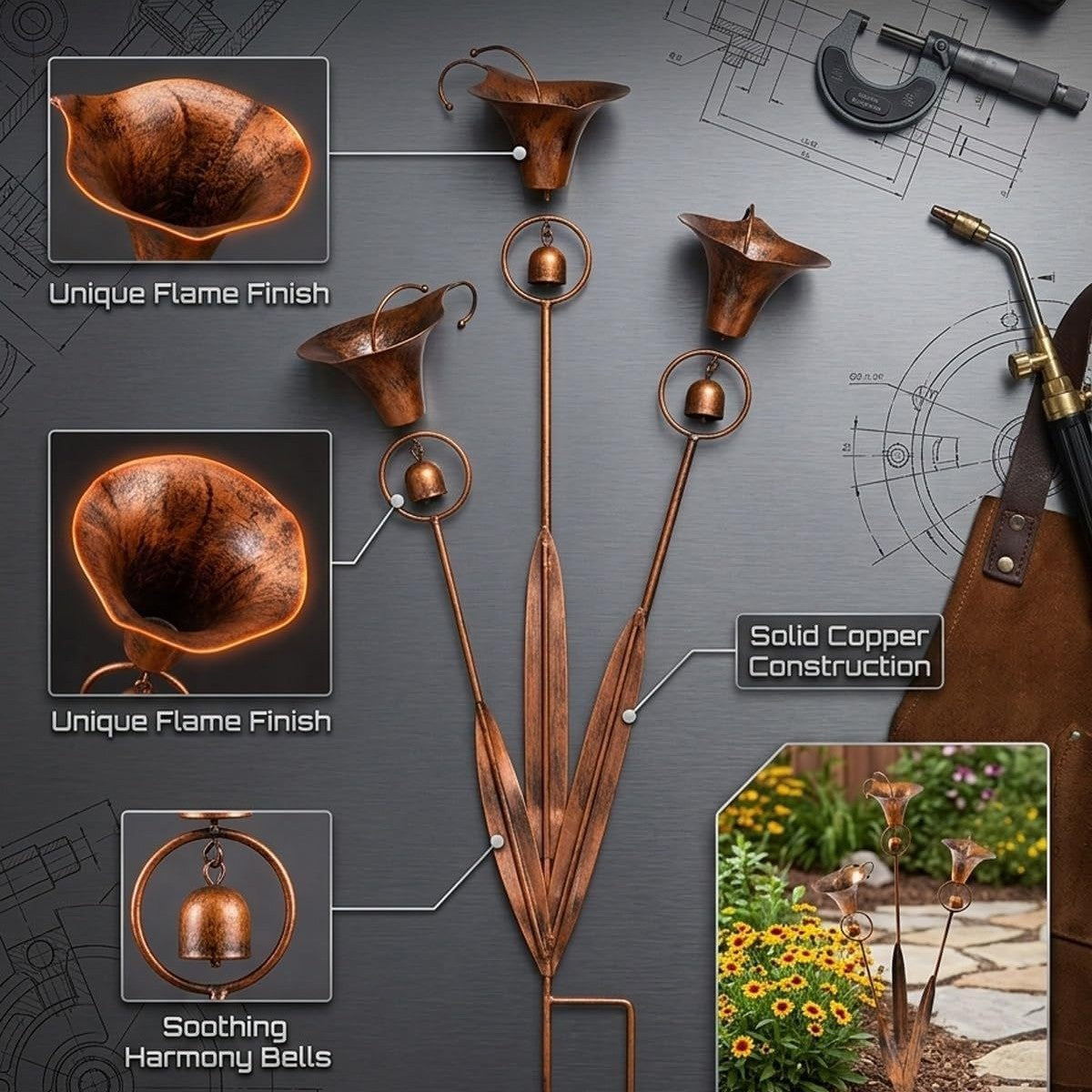 🏡Flamed Copper Three Calla Lilies Garden Stake with Bells