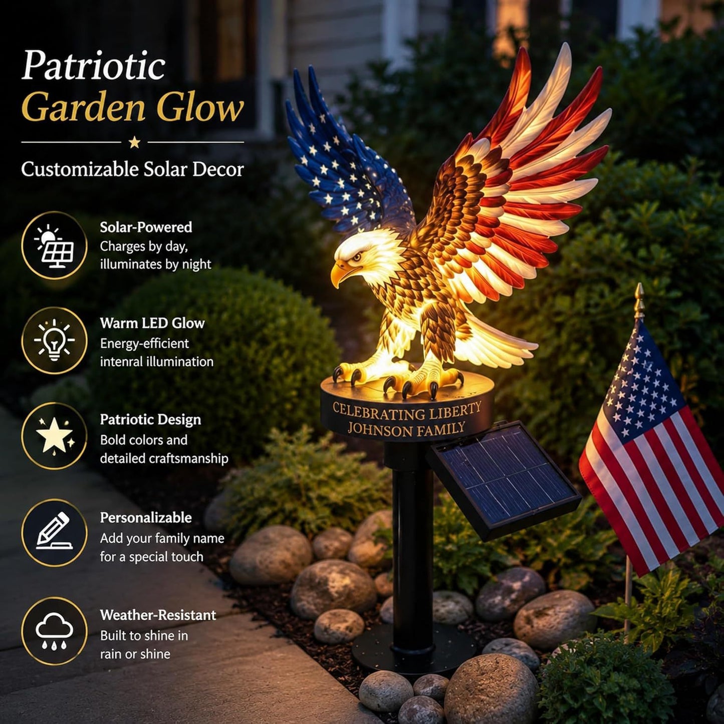 Personalized Solar Eagle Garden Light - A Glowing Tribute to American Freedom