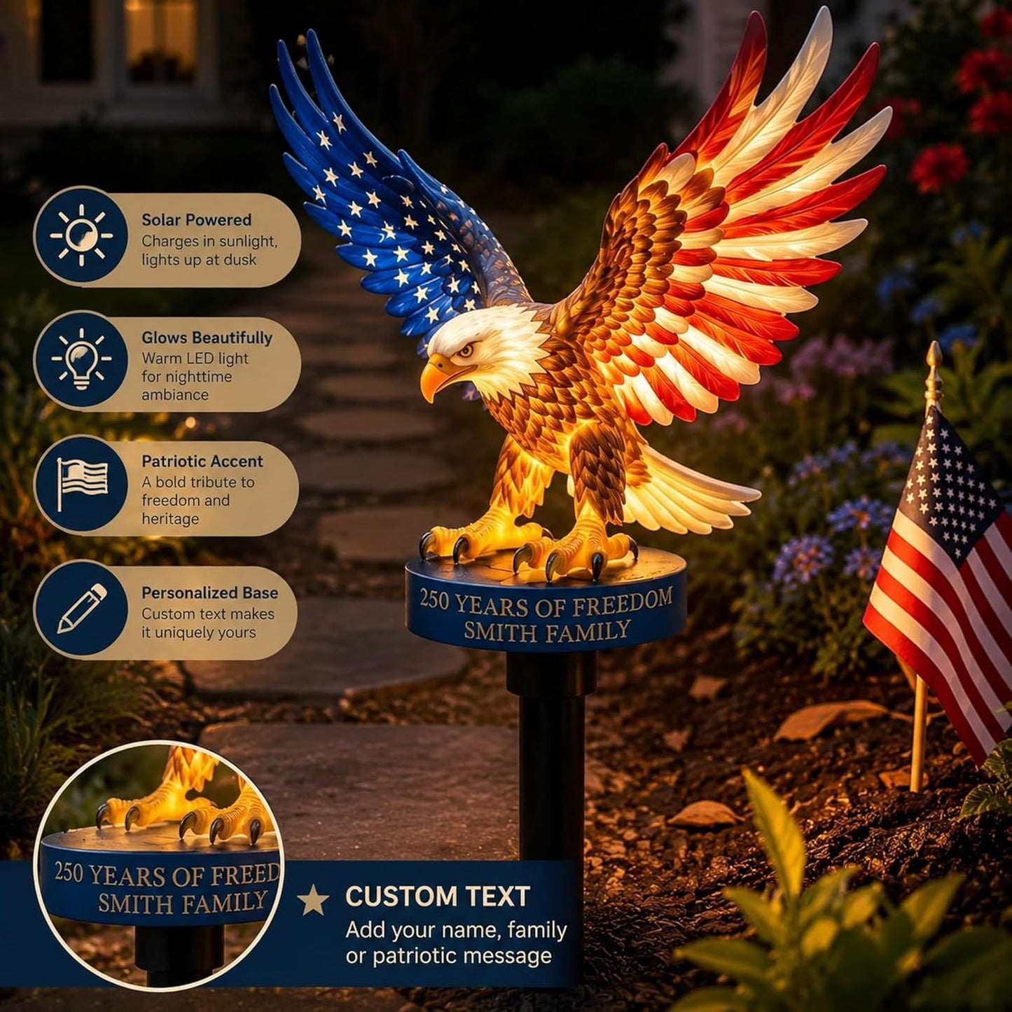 Personalized Solar Eagle Garden Light - A Glowing Tribute to American Freedom