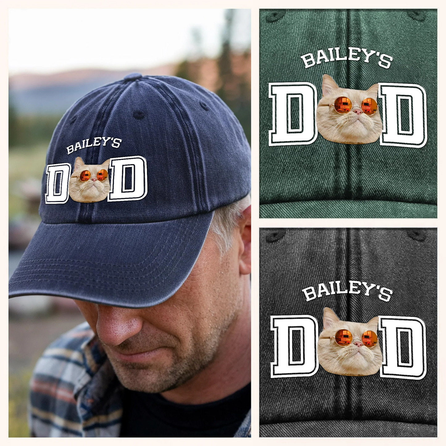 Custom Photo Dog Cat Dad Washed Denim Baseball Cap