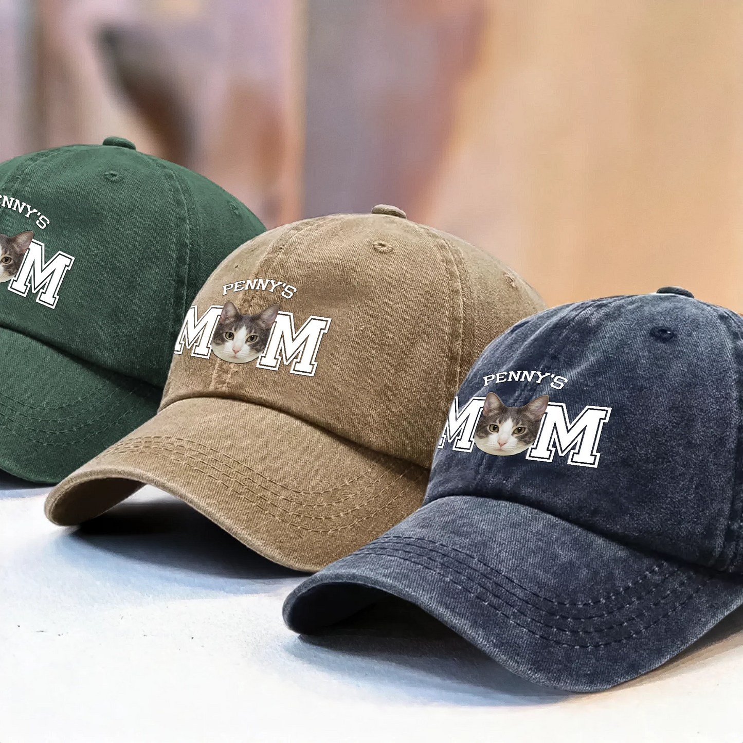 Custom Photo Dog Cat Dad Washed Denim Baseball Cap