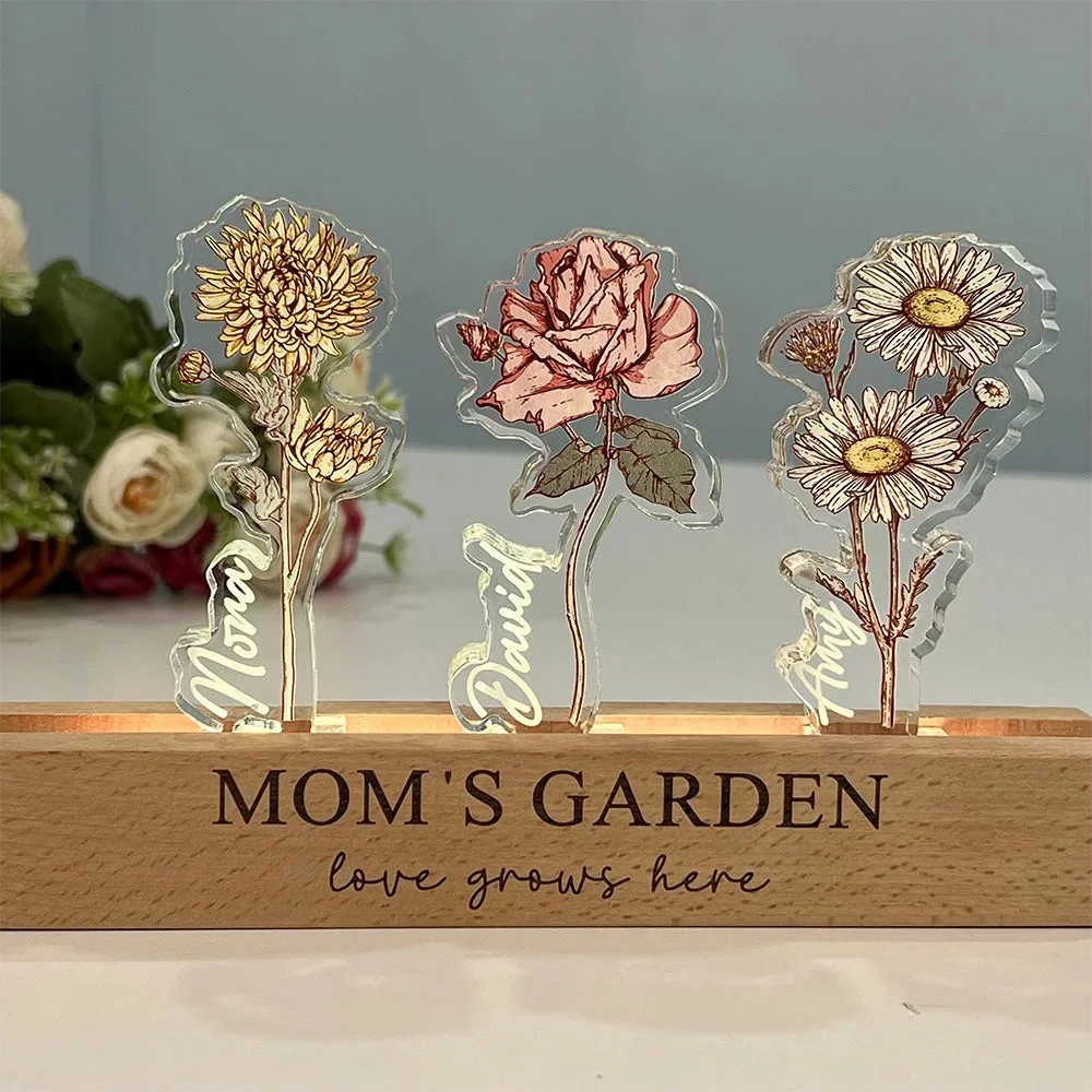 Custom Birth Flower 3D Crystal LED Light with Kids Names – Mother’s Day Gift for Mom