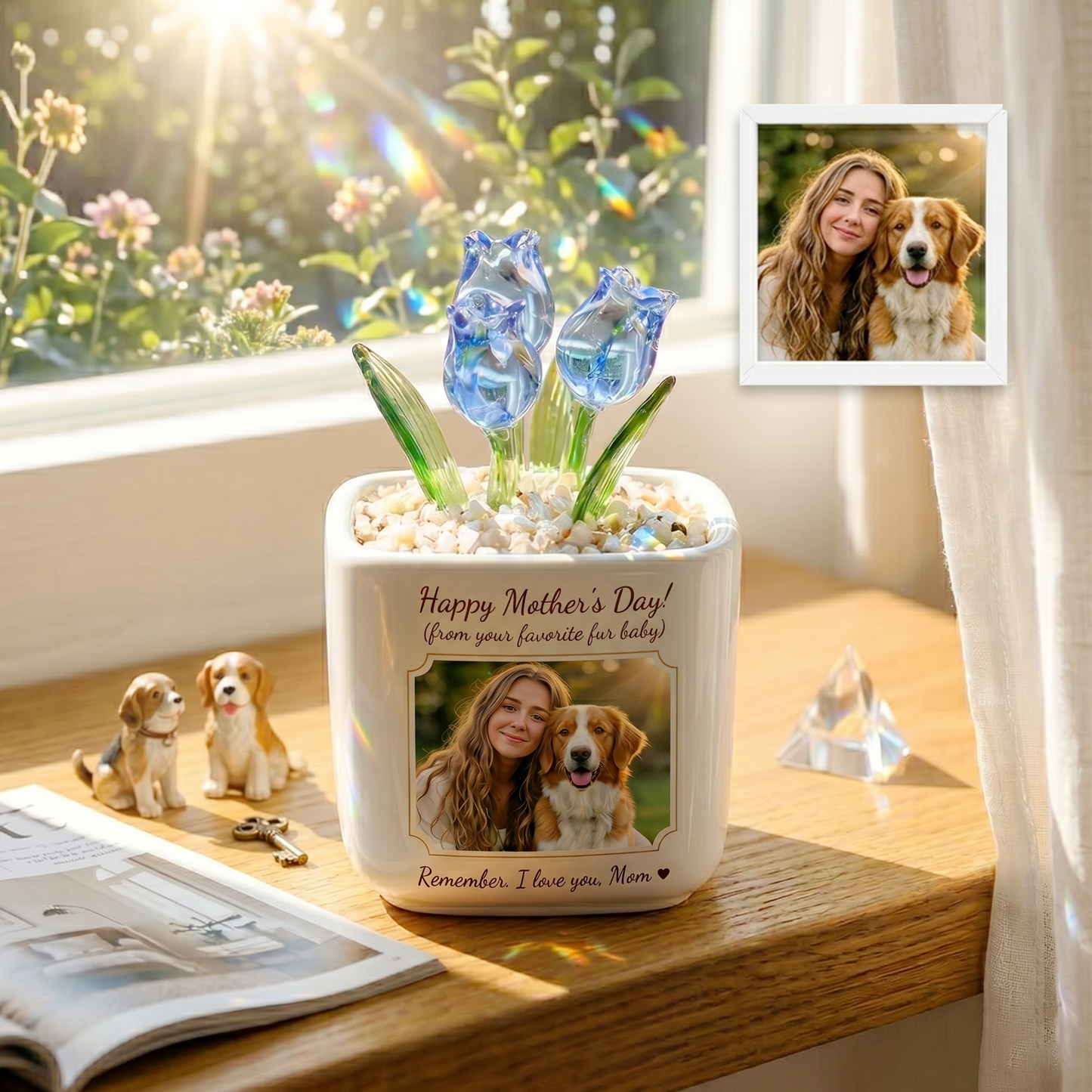 Personalized Photo Glass Tulip Pot — Custom Photo Planter, An Exclusive Photo Gift for Best Friends AND Moms AND pets — Birthday Gift — Personalized Photo Glass Tulip