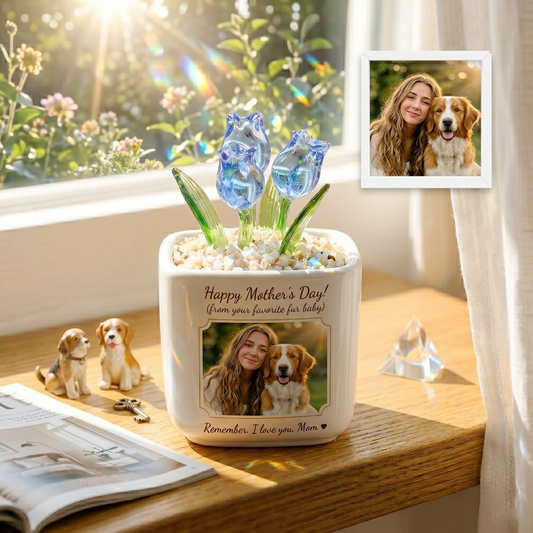 Personalized Photo Glass Tulip Pot — Custom Photo Planter, An Exclusive Photo Gift for Best Friends AND Moms AND pets — Birthday Gift — Personalized Photo Glass Tulip