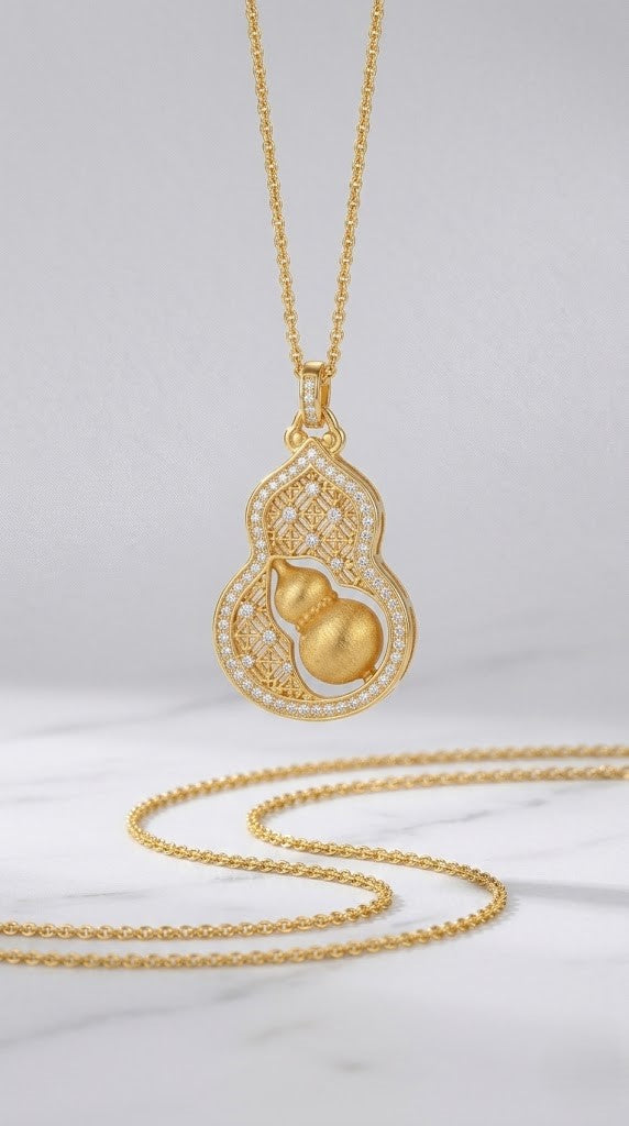 Lucky Wu Lou Gourd Necklace | Modern Chinoiserie Gold Tone Pendant for Everyday Fortune