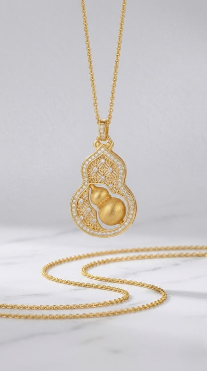 Lucky Wu Lou Gourd Necklace | Modern Chinoiserie Gold Tone Pendant for Everyday Fortune