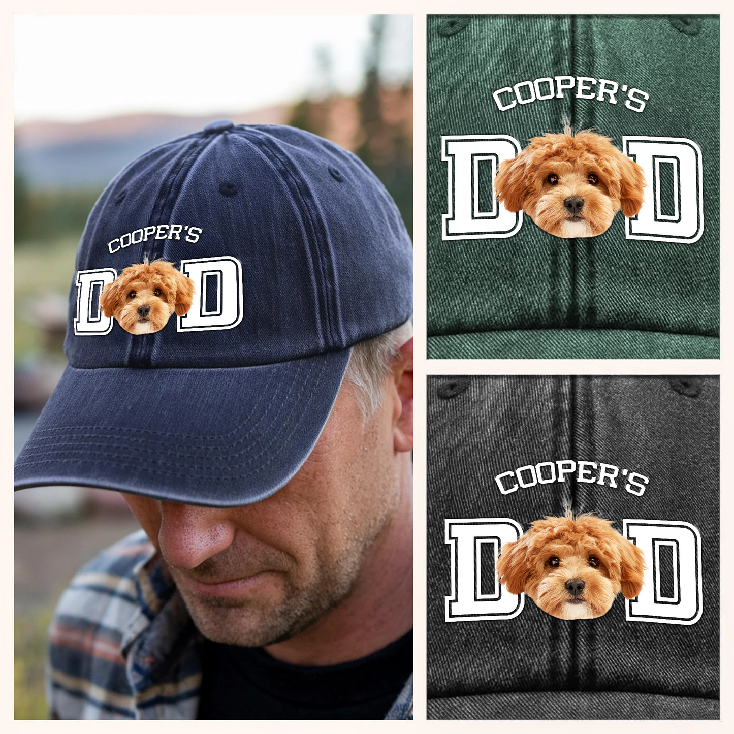 Custom Photo Dog Cat Dad Washed Denim Baseball Cap