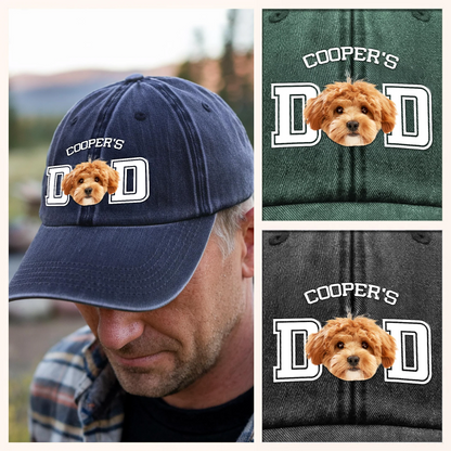 Custom Photo Dog Cat Dad Washed Denim Baseball Cap