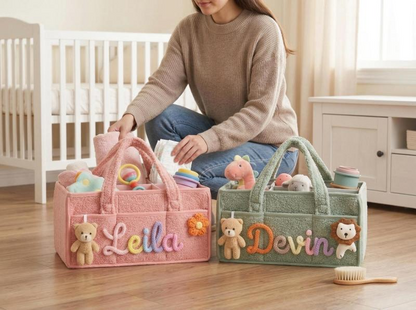 Personalized Plush Baby Storage Basket, Custom Yarn Name Diaper Caddy, Nursery Organizer Basket, Baby Shower Gift for New Mom