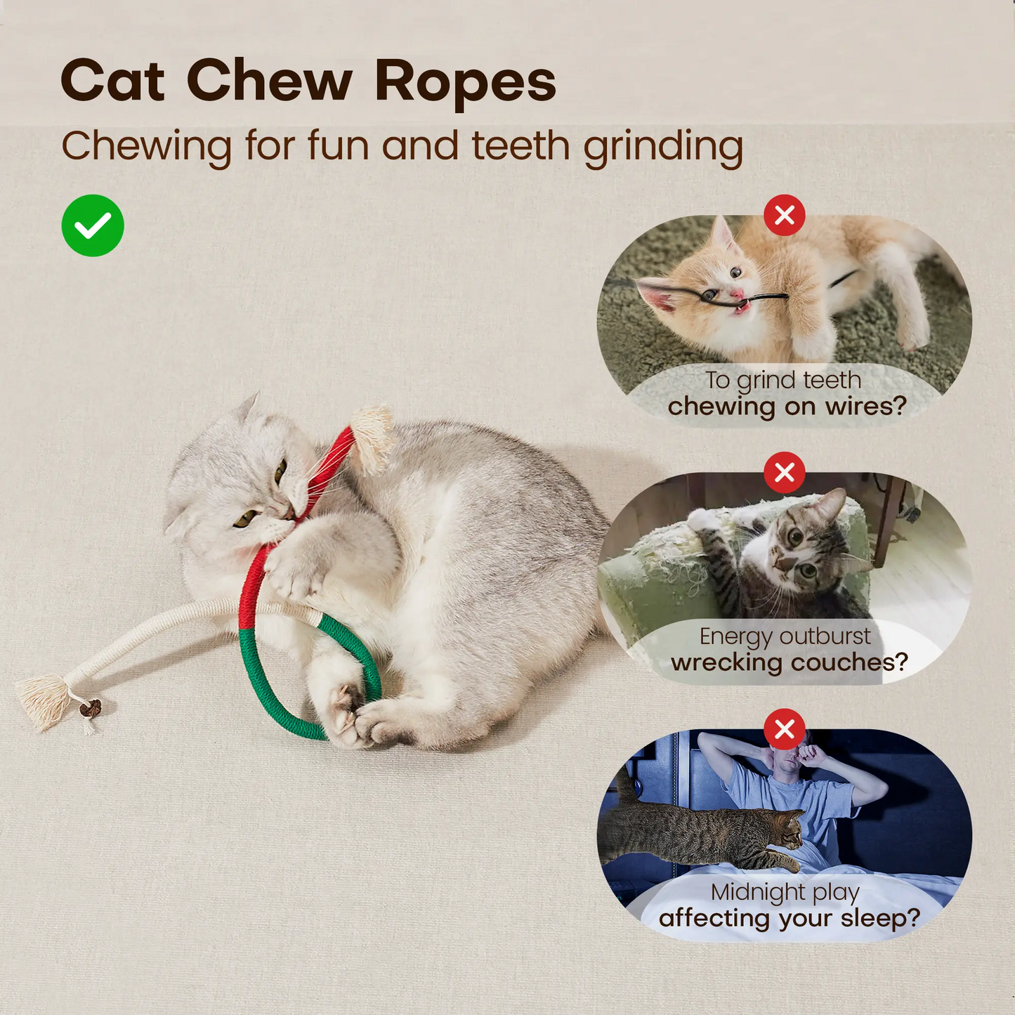 Cat Toys Chew Ropes 3Pcs, Safe Teeth Cleaning Toy for Indoor Kittens, Calming Interactive Kitty Toys