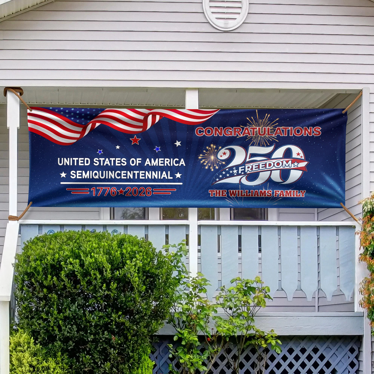 Custom Name USA 250 Freedom Banner – 1776–2026 Semiquincentennial Patriotic Party Decoration