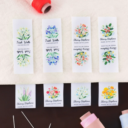 Personalized Watercolor Birth Flower 100% Cotton Sewing Label with Name and Text Birthday Gift for Knitting Lover DIY Craft Lover