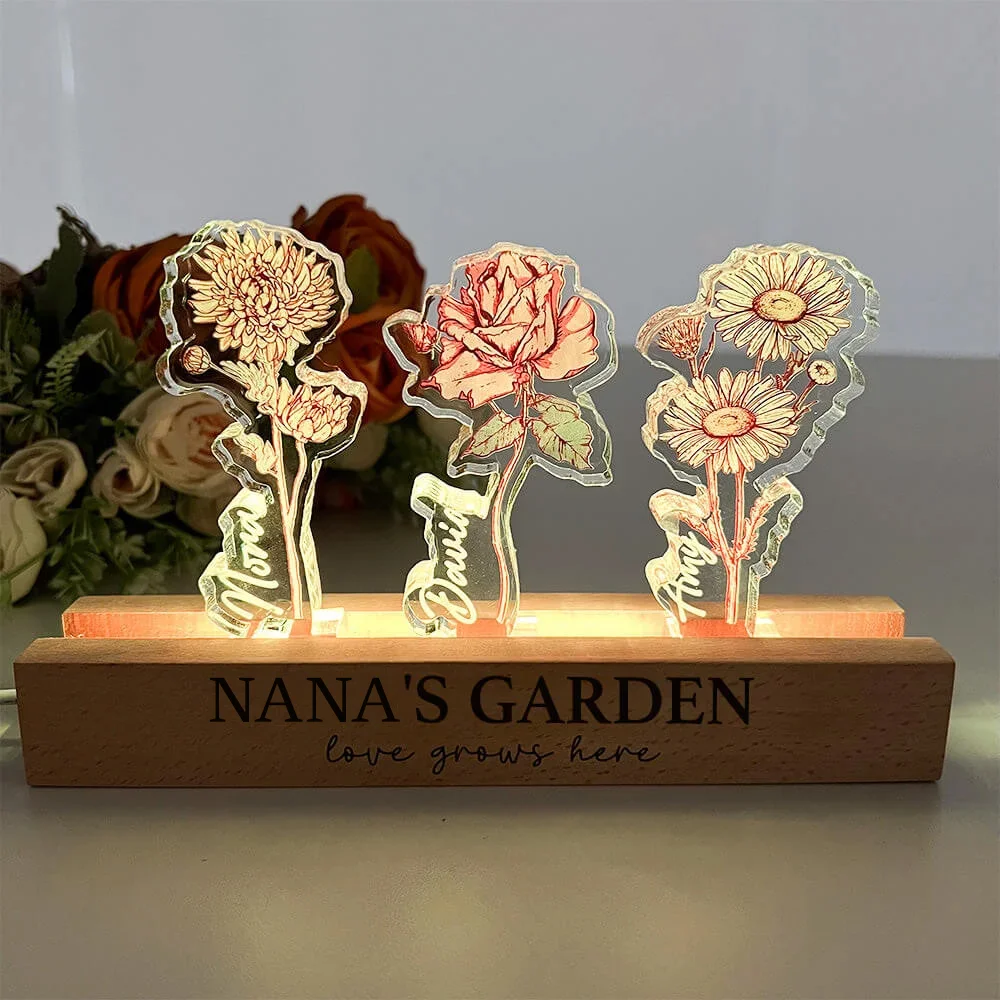 Custom Birth Flower 3D Crystal LED Light with Kids Names – Mother’s Day Gift for Mom